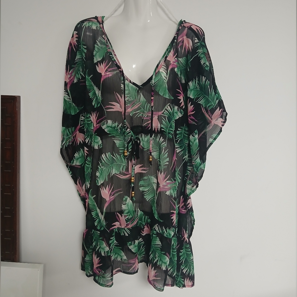 Miken NWT Ruffles Tropical Coverup Swim Color Black Berry
